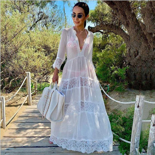 White Long Sleeves Chiffon Beach Cover Ups-STYLEGOING