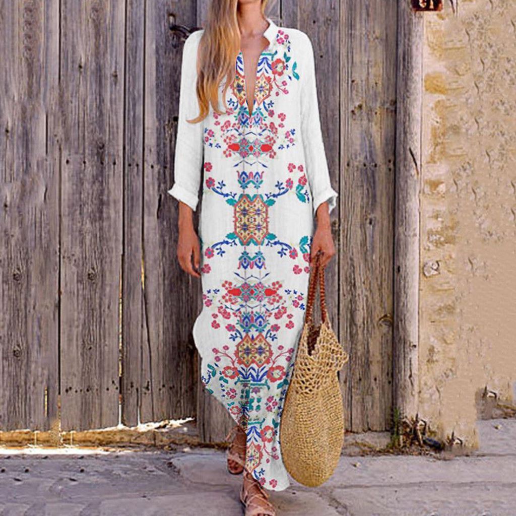 Bohemian Loose V Neck Long Dresses-STYLEGOING