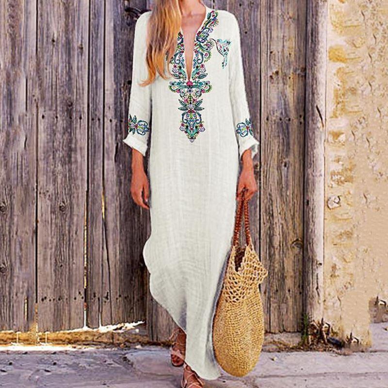 Bohemian Loose V Neck Long Dresses-STYLEGOING