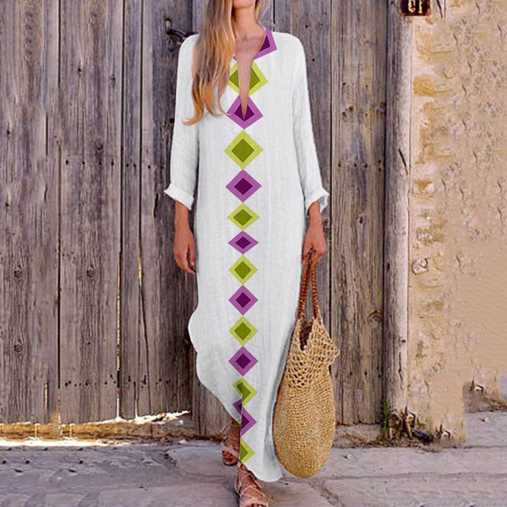 Bohemian Loose V Neck Long Dresses-STYLEGOING