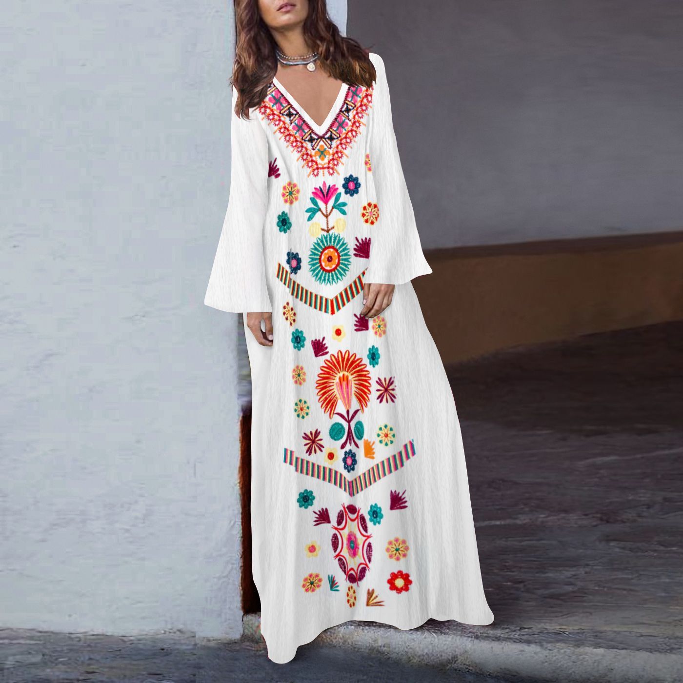 Bohemian Loose V Neck Long Dresses-STYLEGOING