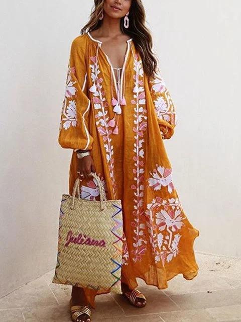 New Floral Print Loose Plus Sizes Long Boho Dresses-STYLEGOING