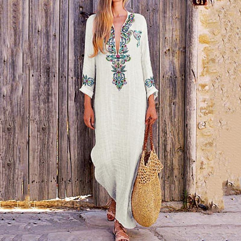 Bohemian Loose V Neck Long Dresses-STYLEGOING