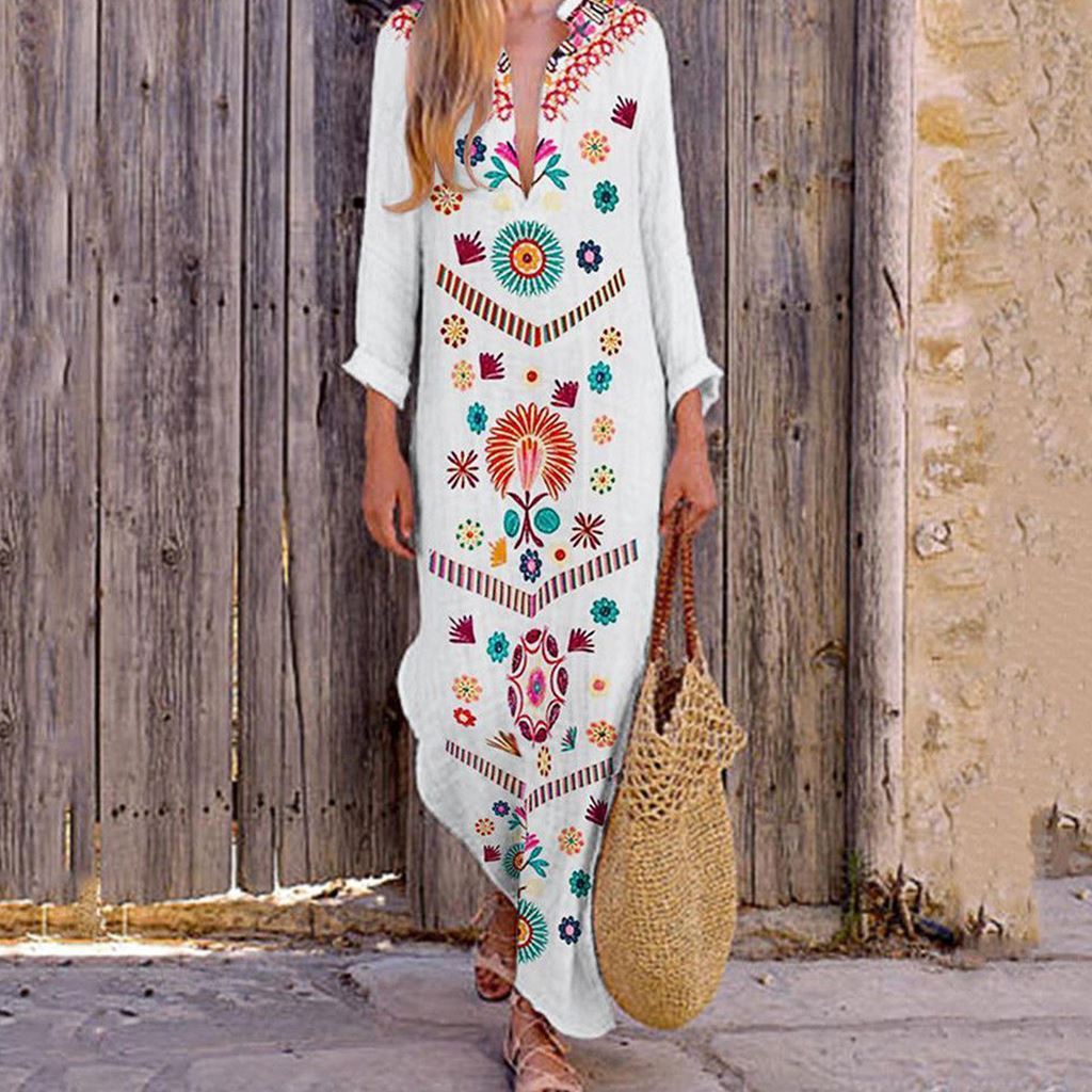 Bohemian Loose V Neck Long Dresses-STYLEGOING