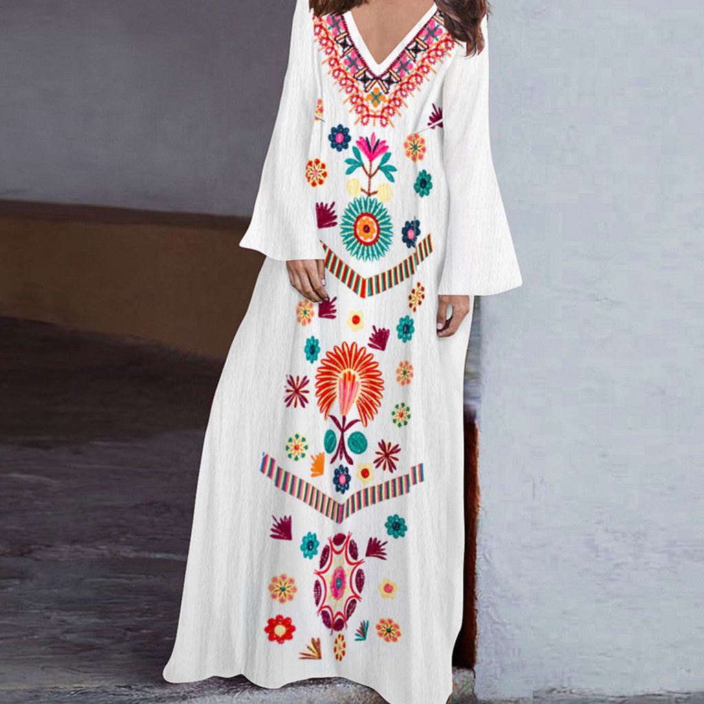 Bohemian Loose V Neck Long Dresses-STYLEGOING