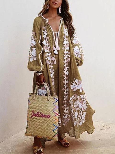 New Floral Print Loose Plus Sizes Long Boho Dresses-STYLEGOING