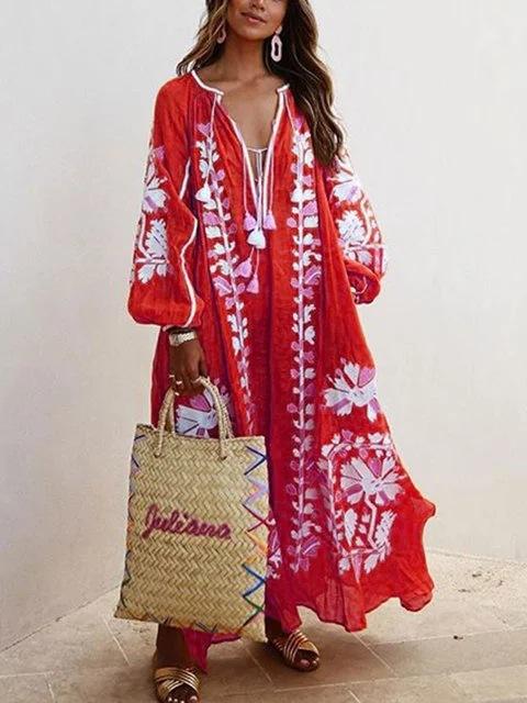 New Floral Print Loose Plus Sizes Long Boho Dresses-STYLEGOING