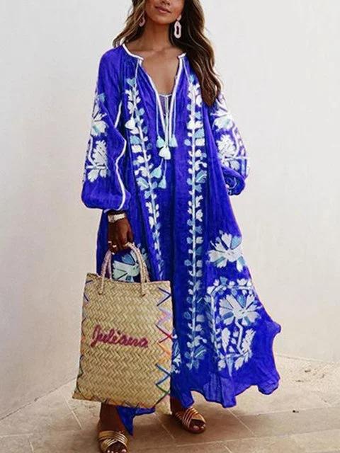 New Floral Print Loose Plus Sizes Long Boho Dresses-STYLEGOING