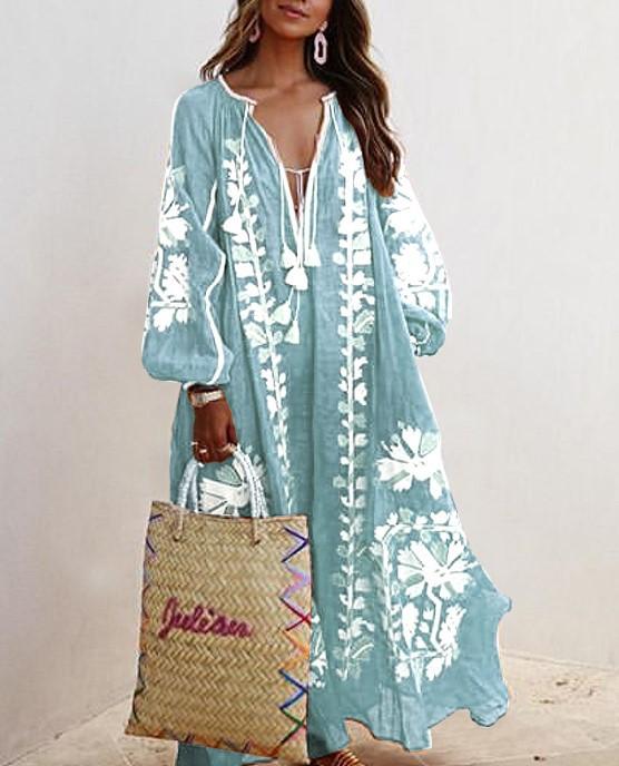 New Floral Print Loose Plus Sizes Long Boho Dresses-STYLEGOING