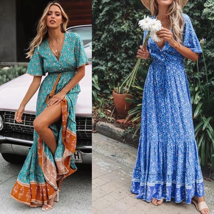 Summer Beach Little Floral Print Long Dresses-STYLEGOING