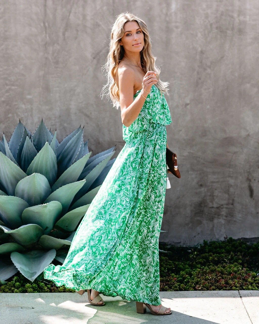 Green Leaf Print Strapless Ruffled Long Dresses-STYLEGOING