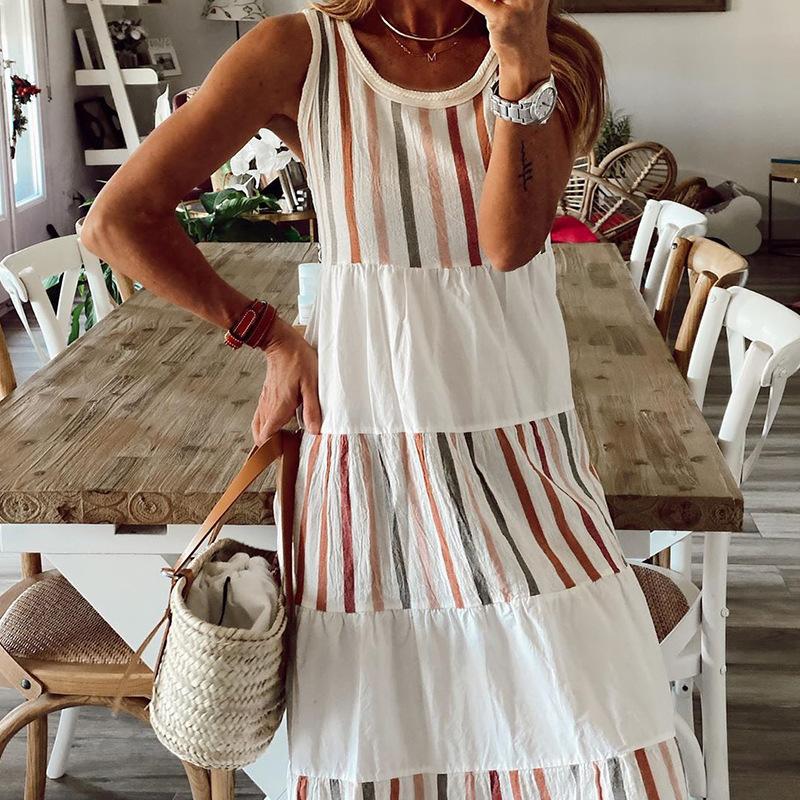 Round Sleeves Striped Long Dresses-STYLEGOING