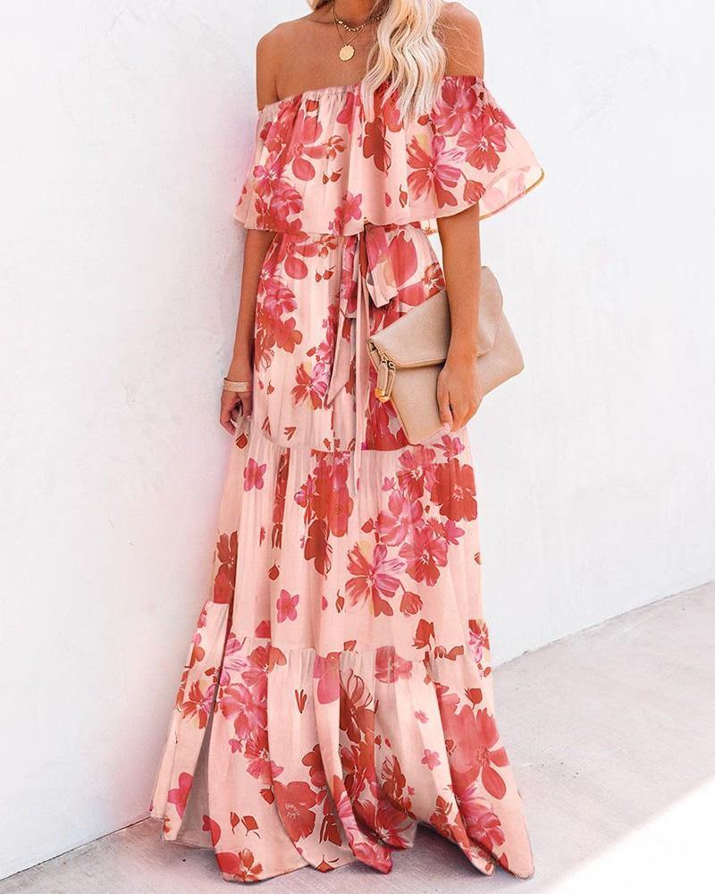 Off The Shoudler Pint Long Maxi Dresses-STYLEGOING