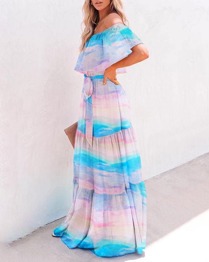 Off The Shoudler Pint Long Maxi Dresses-STYLEGOING