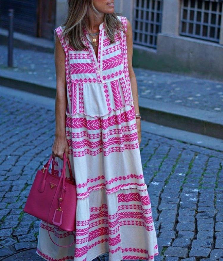 Geometrical Pattern Sleeveless Long Dresses-STYLEGOING