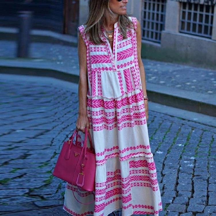 Geometrical Pattern Sleeveless Long Dresses-STYLEGOING