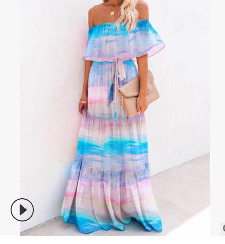 Off The Shoudler Pint Long Maxi Dresses-STYLEGOING