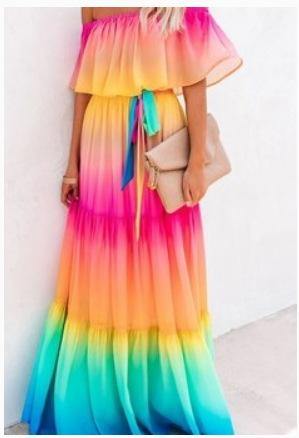 Off The Shoudler Pint Long Maxi Dresses-STYLEGOING