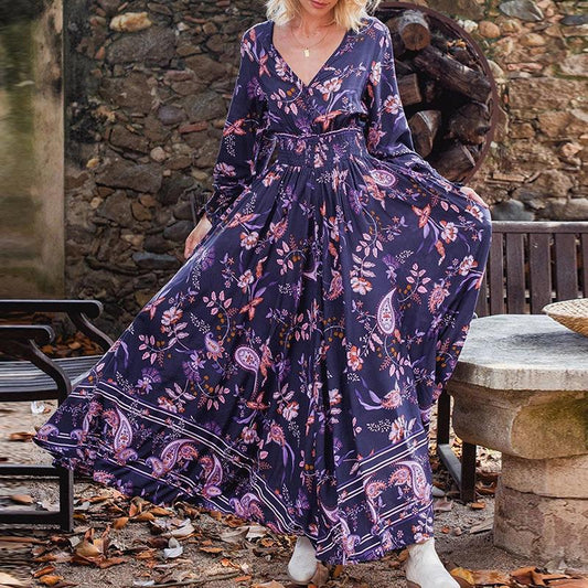 Fall Long Sleeves Floral Print Long Dresses-STYLEGOING