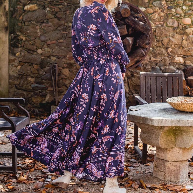 Fall Long Sleeves Floral Print Long Dresses-STYLEGOING