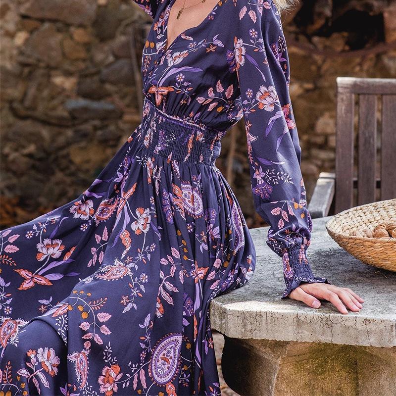 Fall Long Sleeves Floral Print Long Dresses-STYLEGOING
