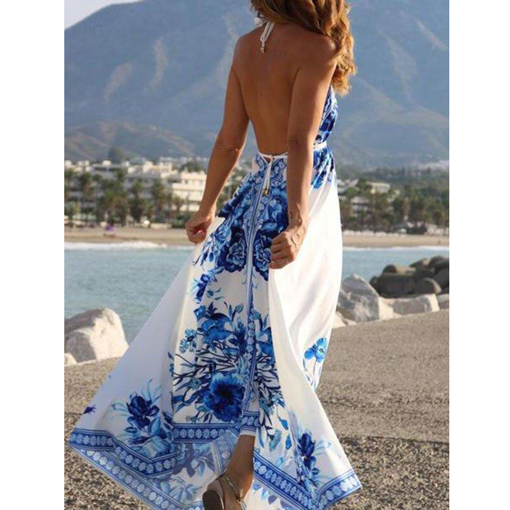 Blue Ethnic Backless Belt Maxi Dresses-STYLEGOING