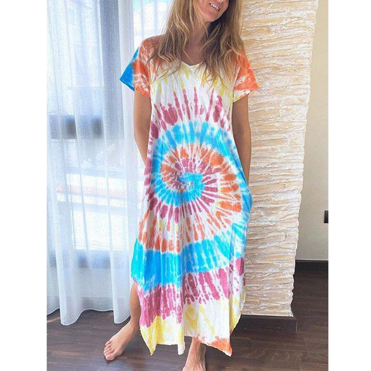 Tie-Dyed Short Sleeve Bohemia Midi Dress-STYLEGOING