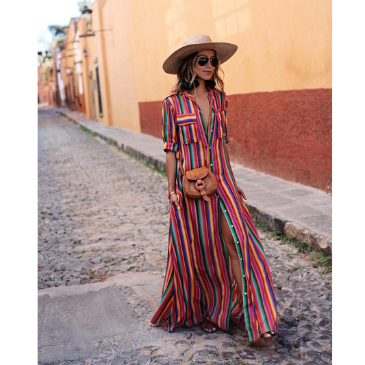 Bohemia Striped Shirt Half Sleeves Maxi Dress-STYLEGOING