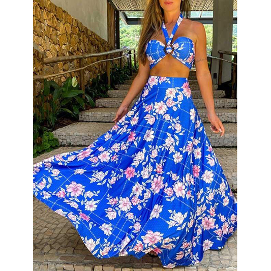 Floral Halterneck Two-Piece Suit Dresses-STYLEGOING