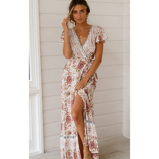 Summer V Neck Ruffled Sleeves Long Dresses-STYLEGOING