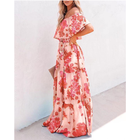 Off The Shoudler Pint Long Maxi Dresses-STYLEGOING