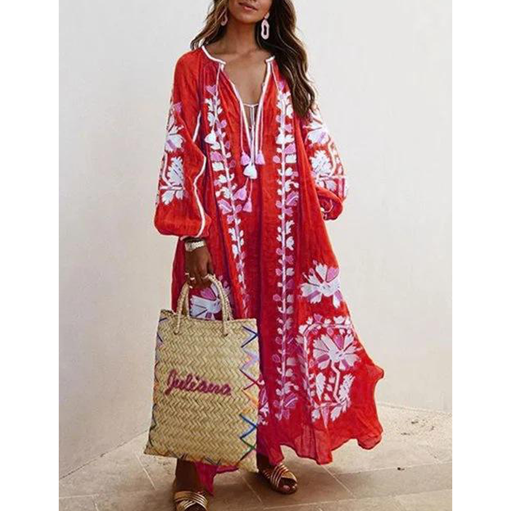 New Floral Print Loose Plus Sizes Long Boho Dresses-STYLEGOING