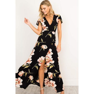 Summer Short Sleeves V Neck Long Dresses-STYLEGOING