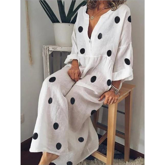 Linen V Neck Dot Print Long Sleeves Dresses-STYLEGOING