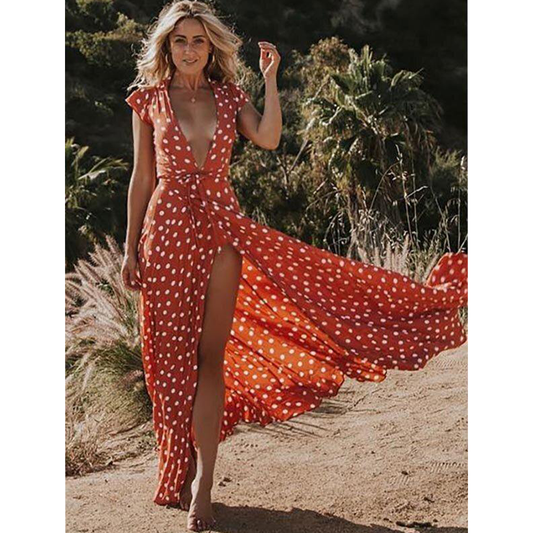 Floral V Neck Split Front Dot Maxi Dress-STYLEGOING