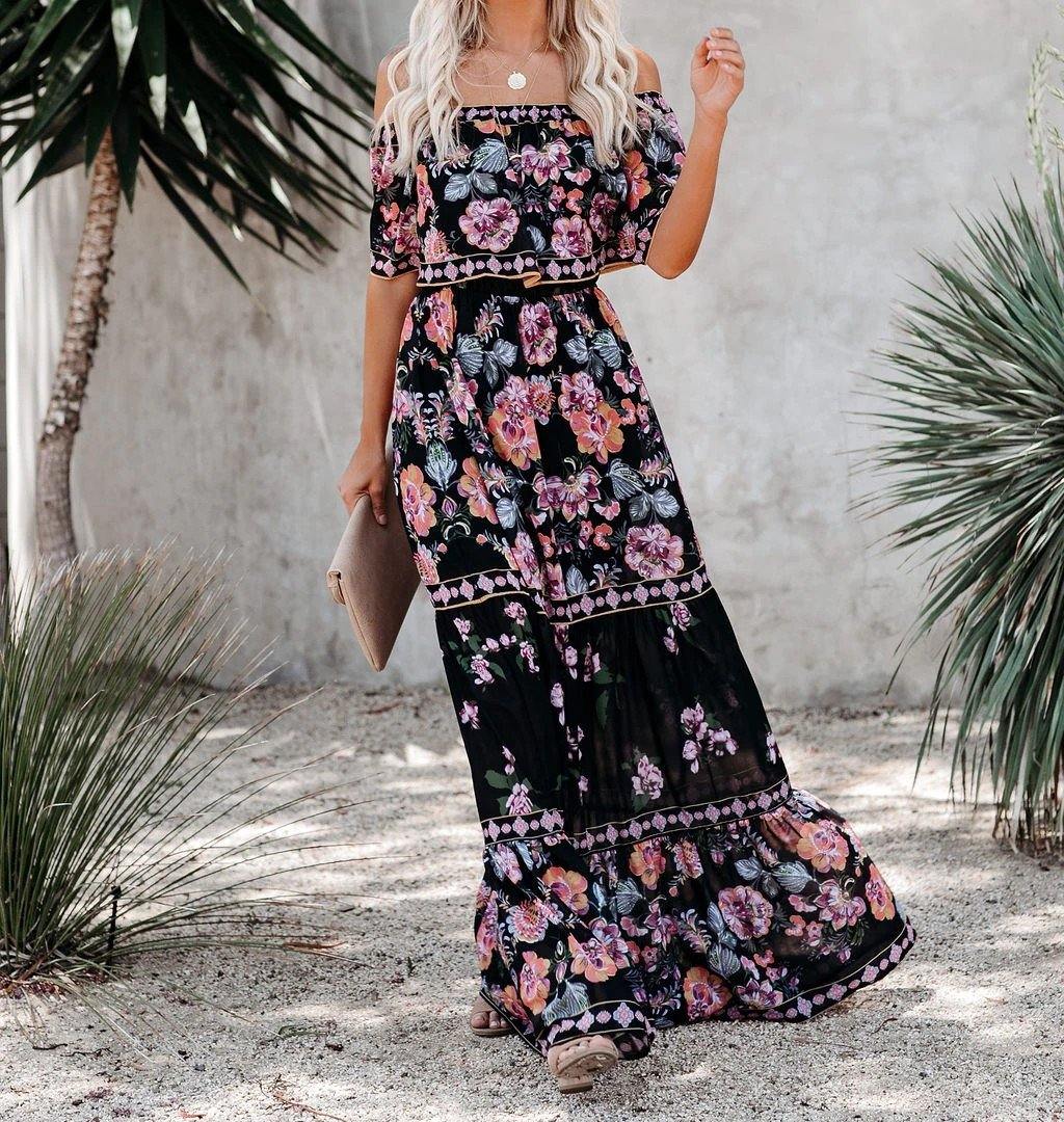 Summer Off The Shoudler Floral Print Long Dresses-STYLEGOING