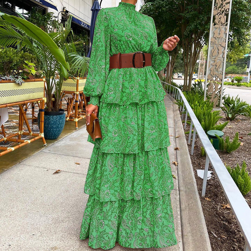 Elegant High Neck Ruffled Women Long Dresses