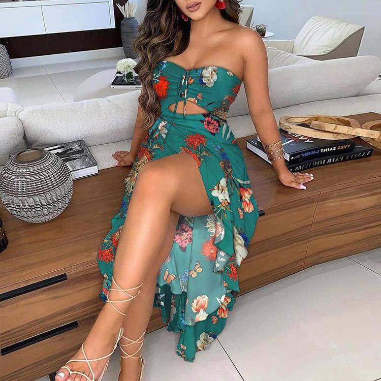 Women Irregular Scalloped Floral Print Dresses-STYLEGOING