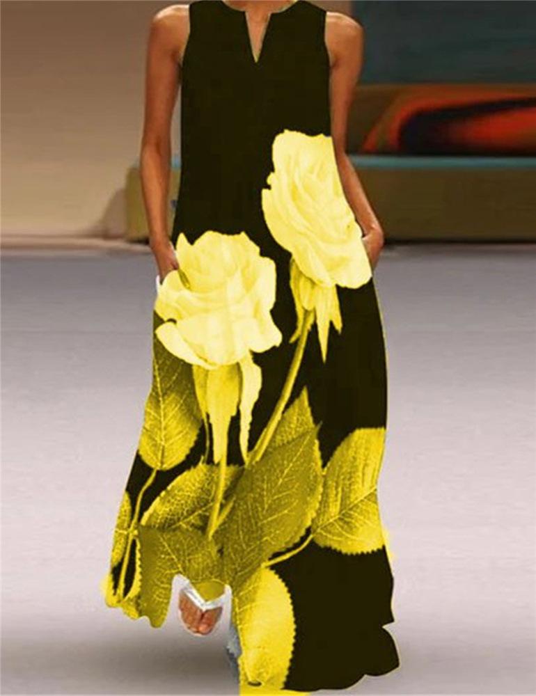 Plus Size V Neck Floral Long Dresses-STYLEGOING