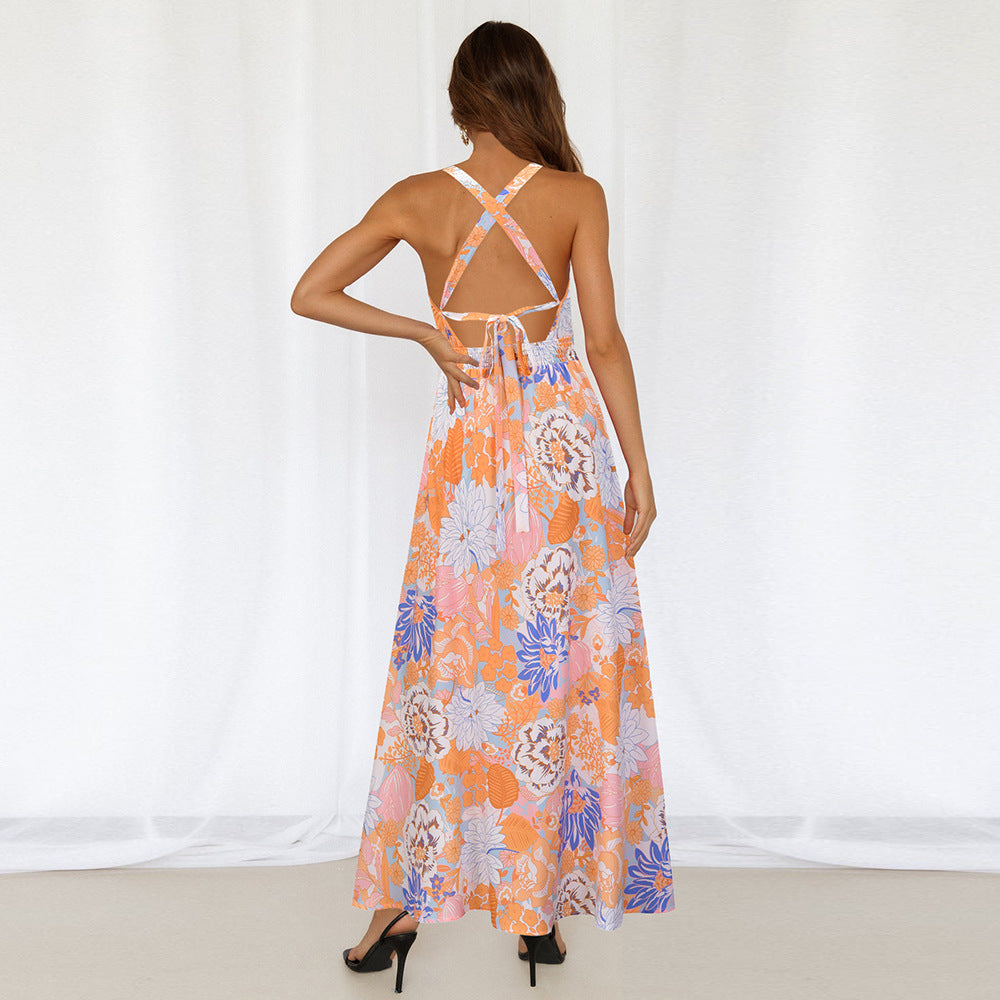 Sexy Halter Split Front Flowers Long Maxi Dresses