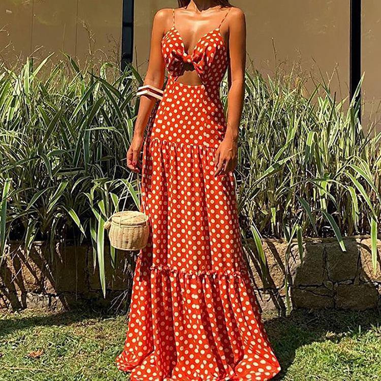 Summer Beach Bohemia Dot Print Red Dresses-STYLEGOING