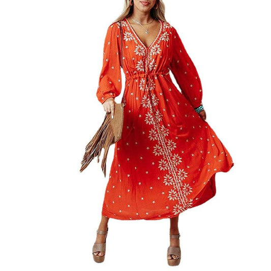 Red Long Sleeves Boho Midi Dresses-STYLEGOING