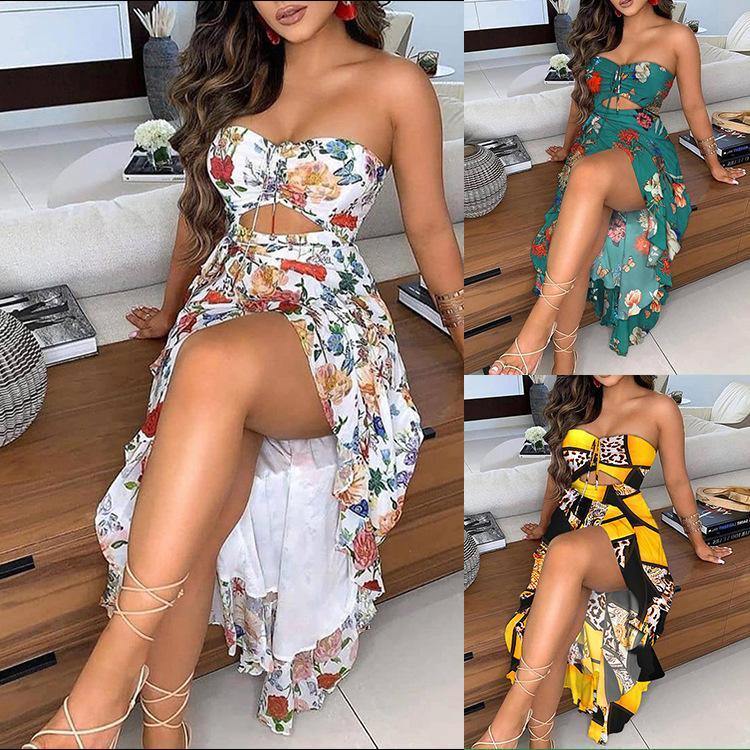 Women Irregular Scalloped Floral Print Dresses-STYLEGOING