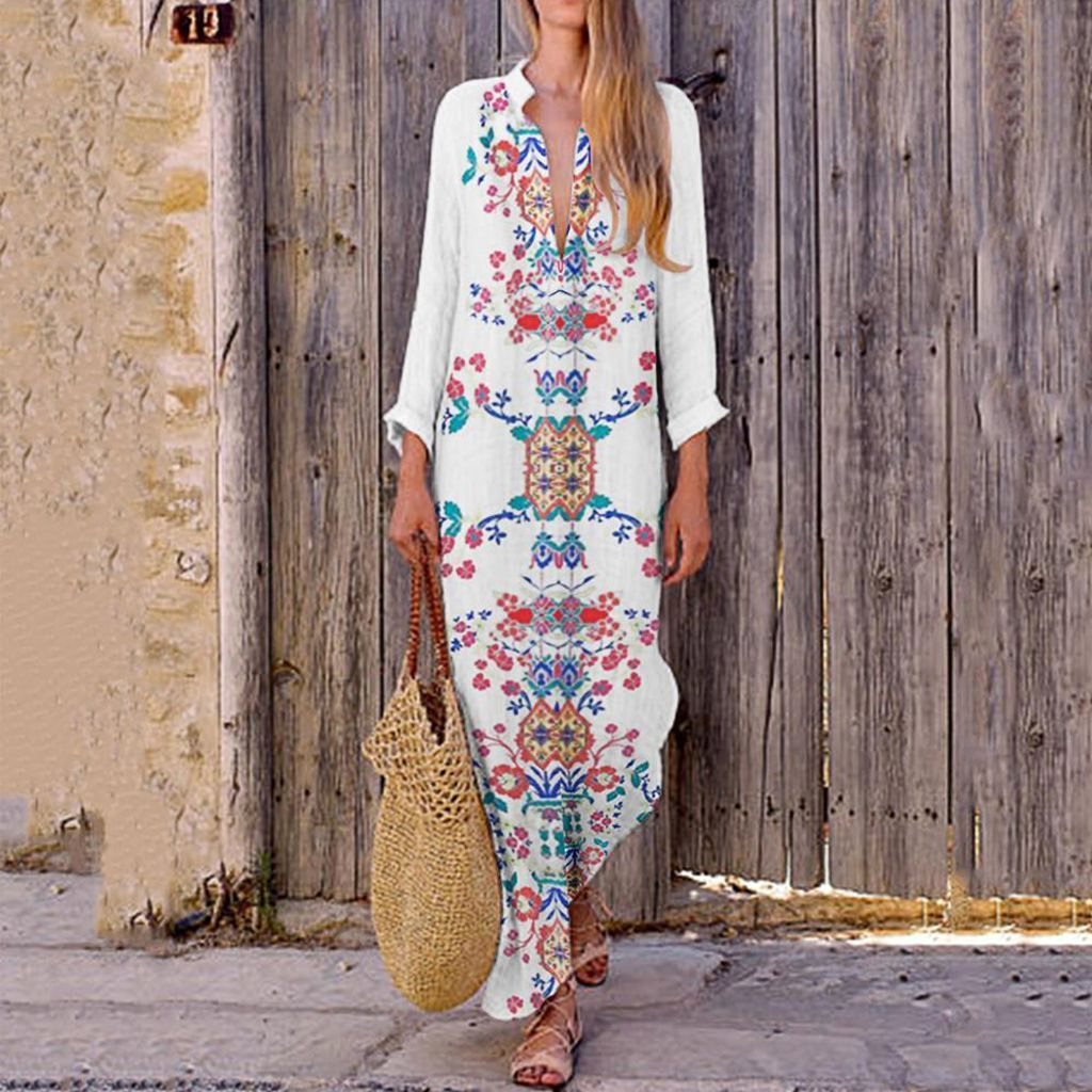 Bohemian Loose V Neck Long Dresses-STYLEGOING