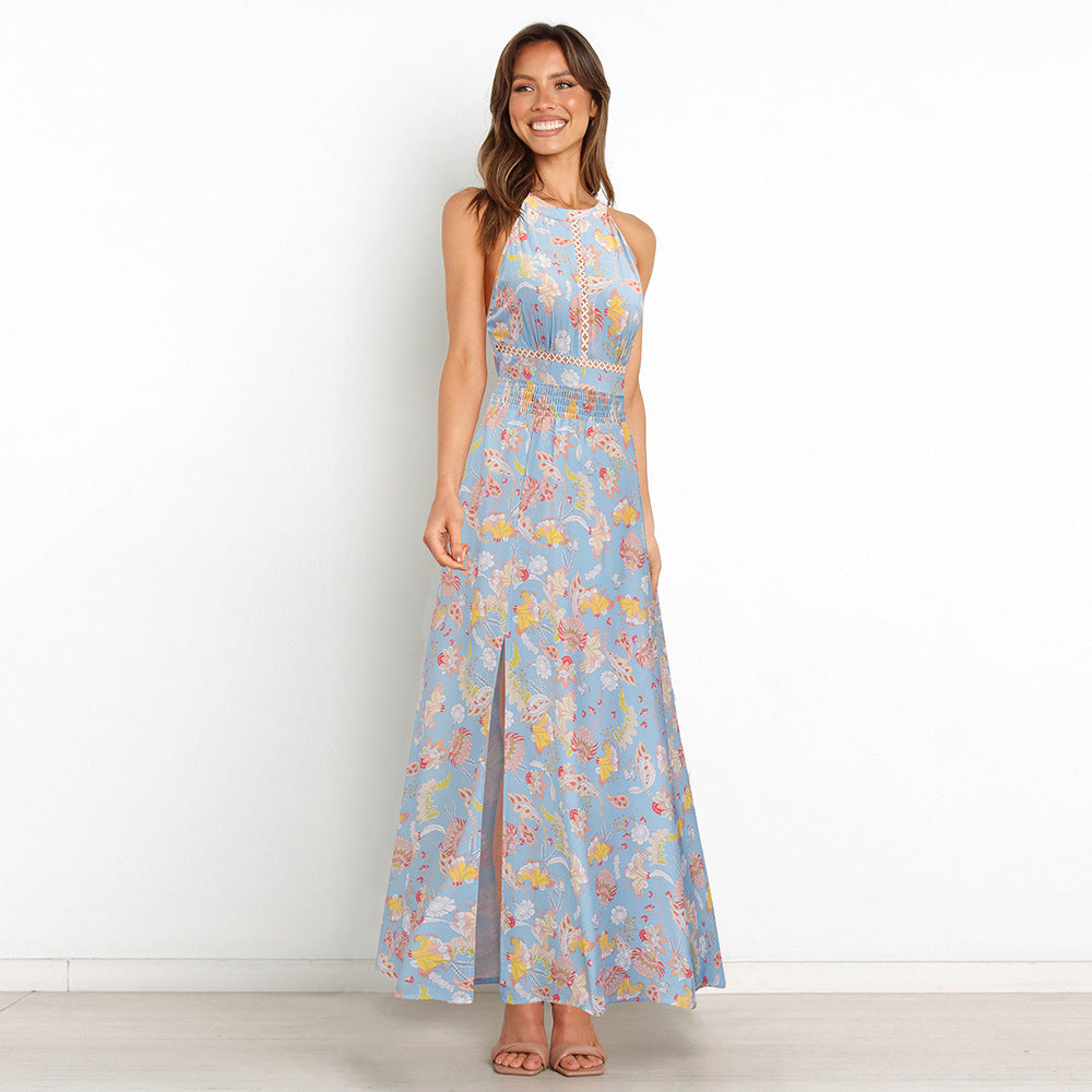 Sexy Halter Split Front Flowers Long Maxi Dresses