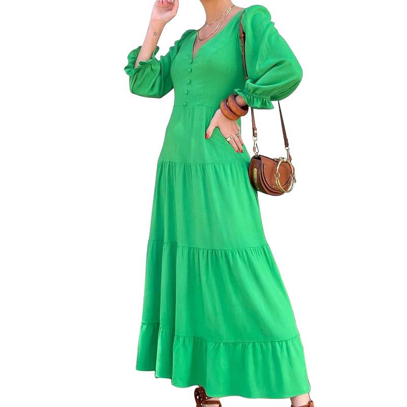 Women Long Sleeves V Neck Fall Long Dresses-STYLEGOING