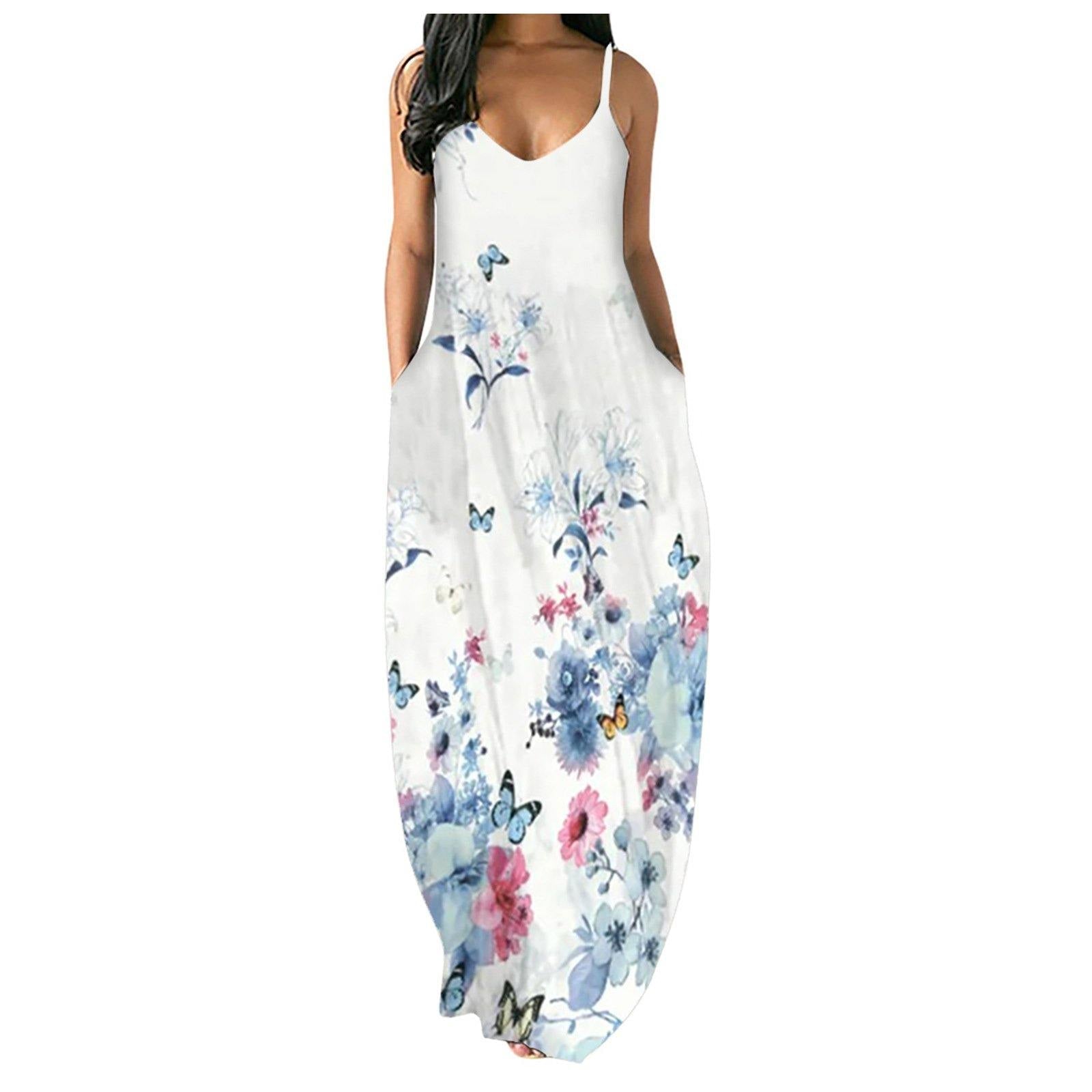 Women Butterfly Print Long Maxi Dresses-STYLEGOING