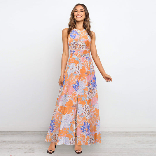 Sexy Halter Split Front Flowers Long Maxi Dresses