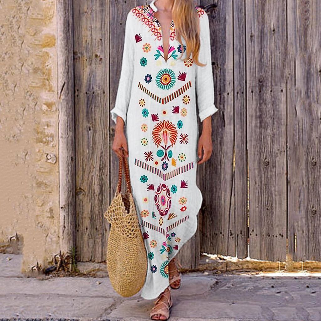 Bohemian Loose V Neck Long Dresses-STYLEGOING