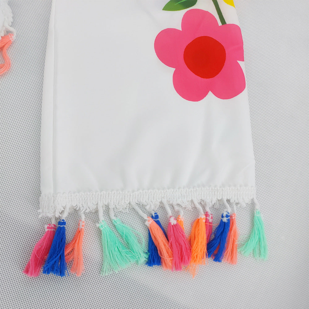 White Floral Print Split Front Boho Long Dresses